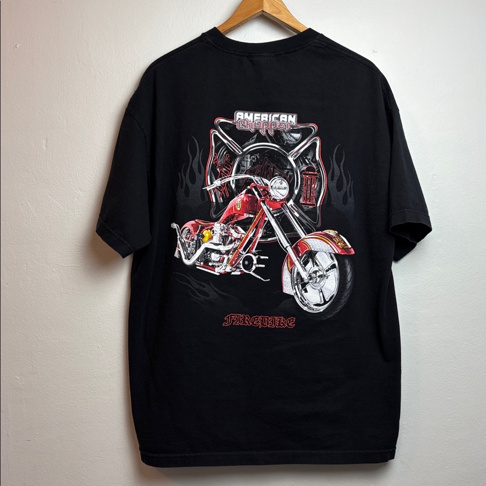VTG Y2K American Chopper Firebike Graphic Mens Short Sleeve‎ T-Shirt Black XL